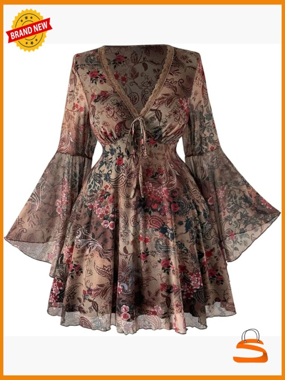 Vintage Boho Bell Sleeve Leopard Print V-Neck Bow Mesh Mini Dress